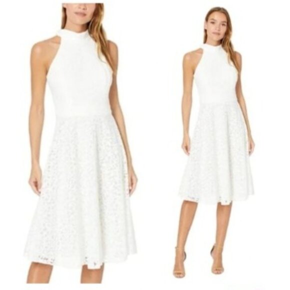Tahari white eyelet Sleeveless Dress Womens Size 10 cotton mock neck tie new - Picture 1 of 14